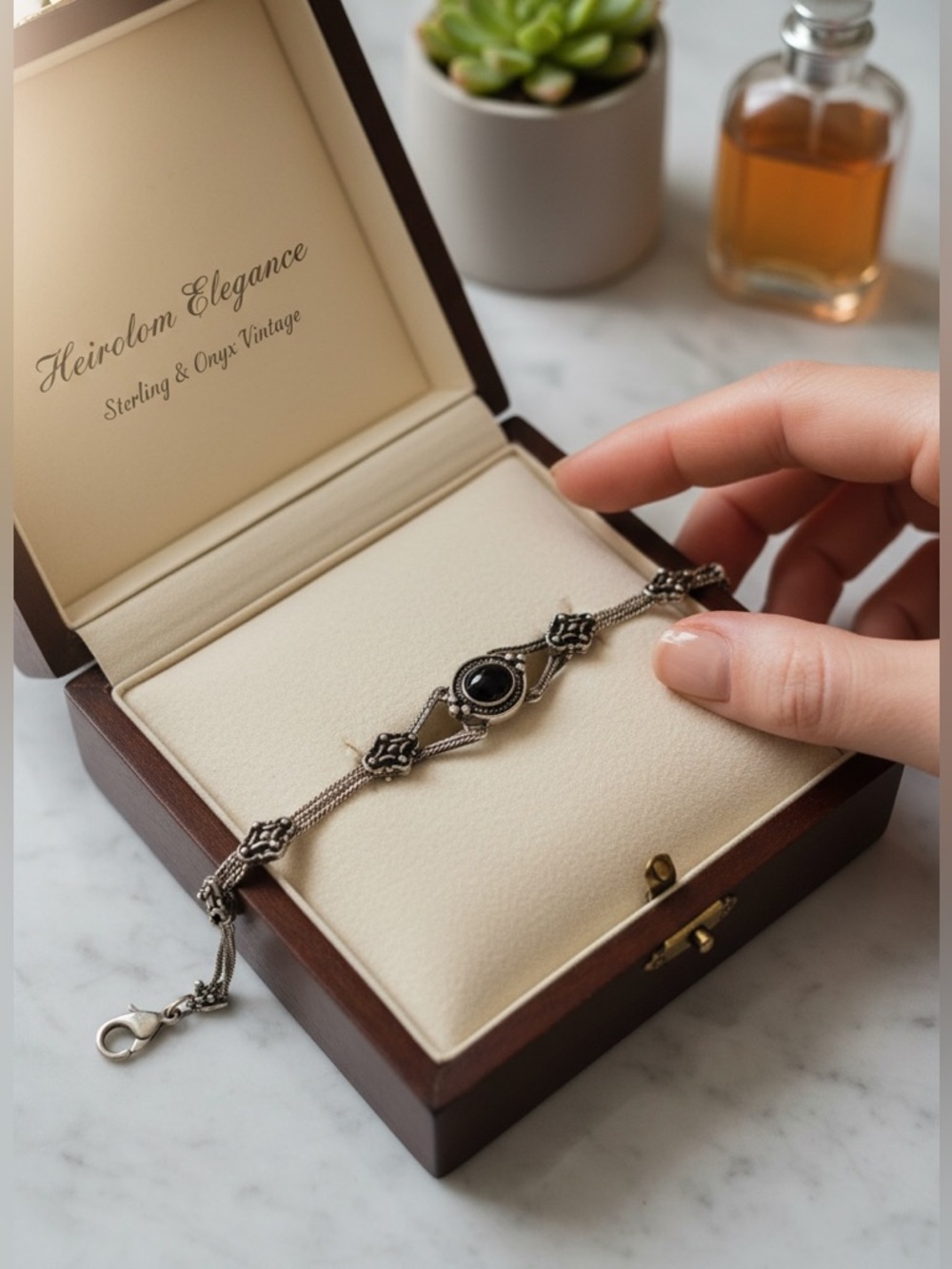 Vintage .925 Sterling Silver Black Onyx Dainty Link Bracelet Gothic Victorian